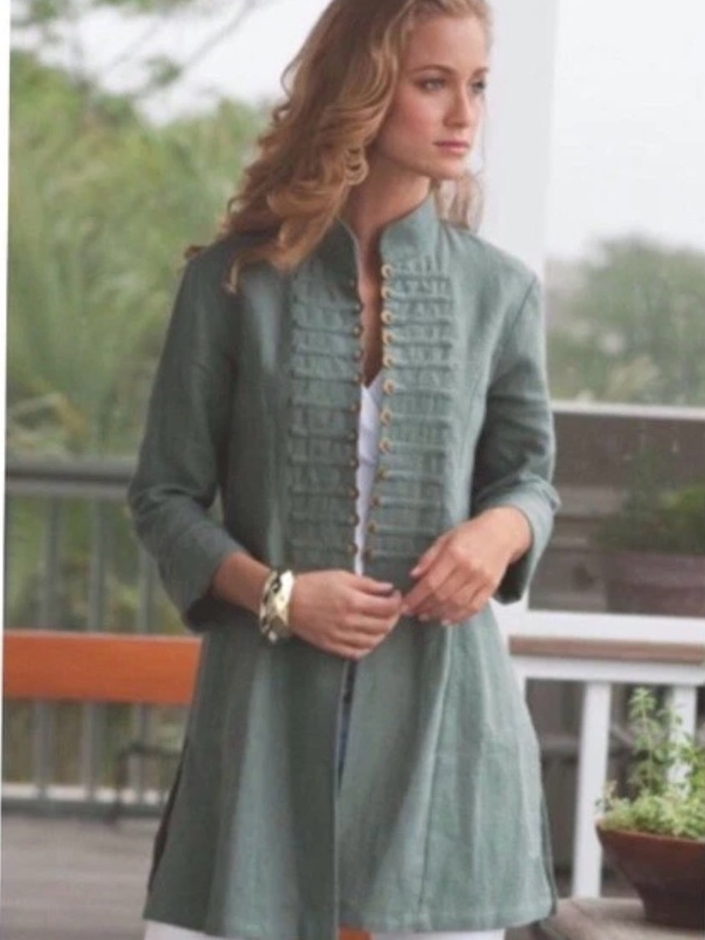 Soft Surroundings Sheffield Army Military Jacket Coin Ramie Green Size Large